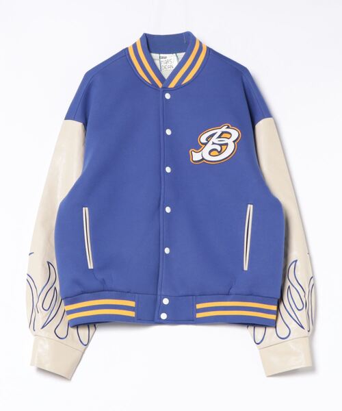 スタジャン a.p.o.v. フェルトワッペン＆フレイム刺繍アーム合成皮革