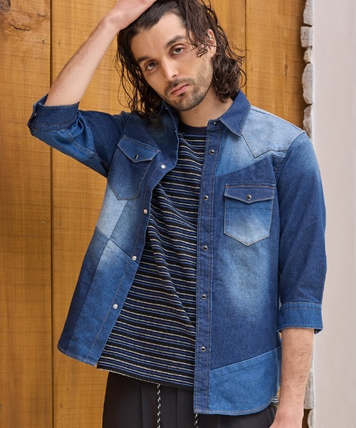 RATTLE TRAP（ラトルトラップ） シャツ デニムパッチワーク7分袖