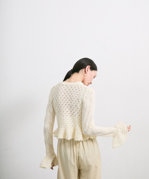 カーディガン レース編みフリルニットカーディガン レディース