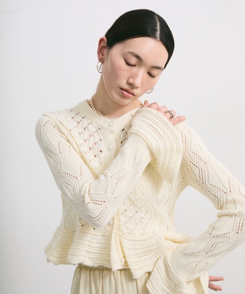 カーディガン レース編みフリルニットカーディガン レディース