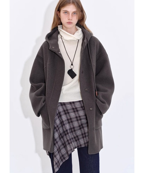 コート アウター スタンドカラーフード ウールミドル丈コート FD25W111