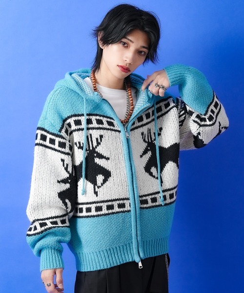 パーカー a.p.o.v. ノルディック柄カウチンニットフーディーセーター