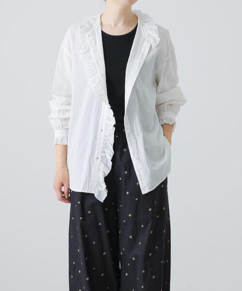 かぐれ ブラウス シャツ コットンリネンフリルカラーシャツ レディース