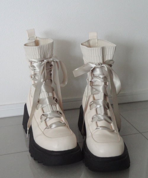 ブーツ lace up socks boots/リボン編み上げ厚底ブーツ レディース
