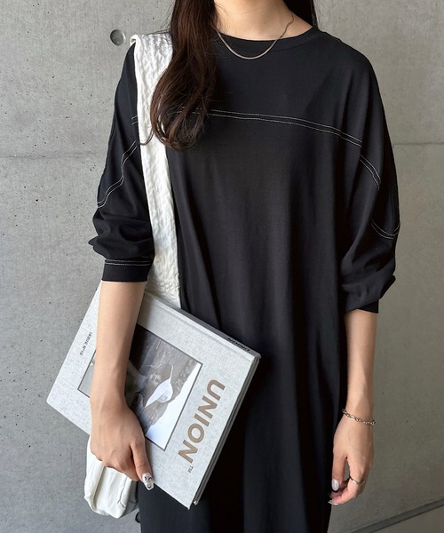 andme（アンドミー） ワンピース 配色ステッチオーバーサイズ長袖T