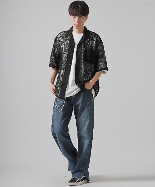 LUXSTYLE（ラグスタイル） シャツ フラワーレース開襟半袖シアーシャツ