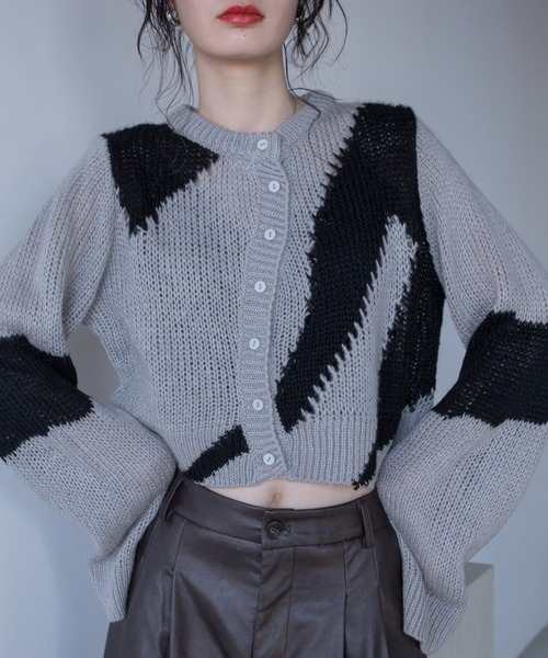 カーディガン ウェーブ配色透かし編みカーディガン レディース