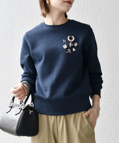 SHIPS any トレーナー スウェット any:「手洗い可能」裏起毛 ビジュー