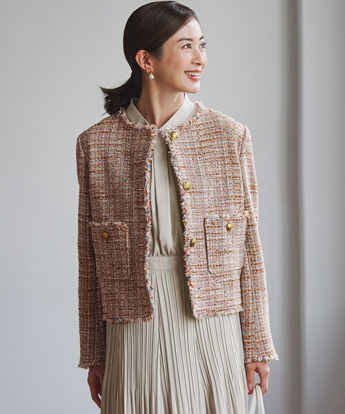 ジャケット ノーカラージャケット GIOLICAツイード ノーカラー ボタン