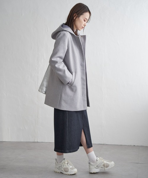 IKKA LOUNGE ノーカラーコート コート ウールライクストレッチフード