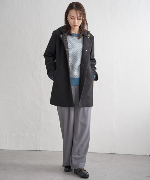 IKKA LOUNGE ノーカラーコート コート ウールライクストレッチフード