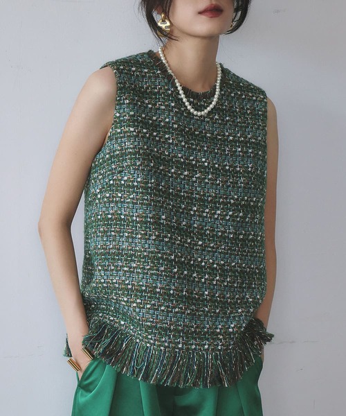 ELFRANK ベスト ジレ ミックスツイード フリンジ ノースリーブ ベスト