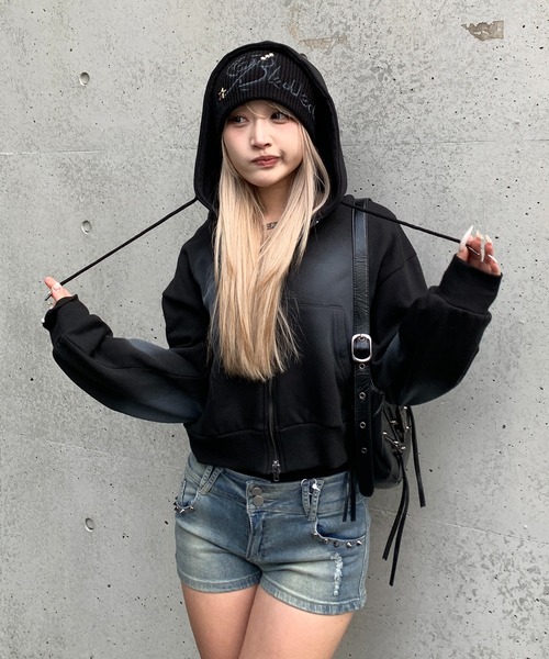 lilful パーカー 「裏起毛」スプレー加工 ショート丈 ダブルジップ