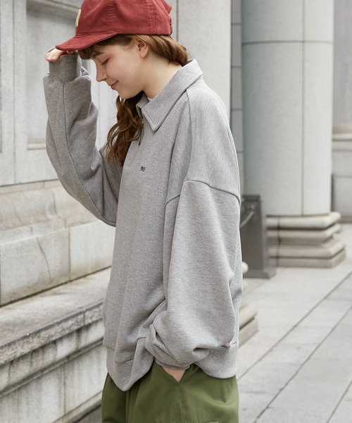 トレーナー スウェット ナンバリングワンポイント刺繍ハーフジップ