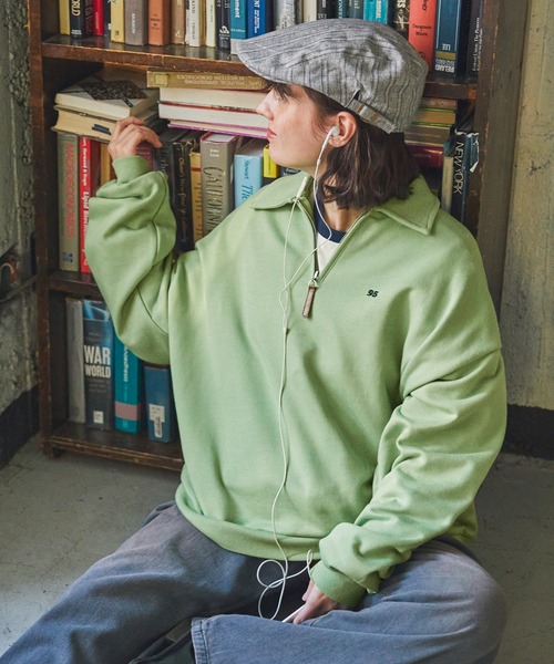 トレーナー スウェット ナンバリングワンポイント刺繍ハーフジップ