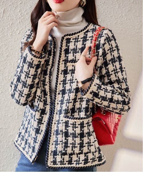 ジャケット ノーカラージャケット 千鳥柄ツィードノーカラージャケット