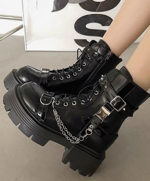 ブーツ Y2K厚底 ダブルバックルロッカーブーツ レディース : ZOZOTOWN