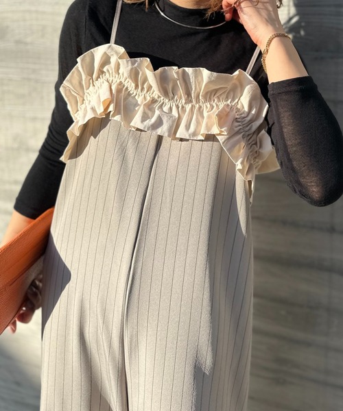 mi via loca サロペット オーバーオール フリルギャザー ストライプ