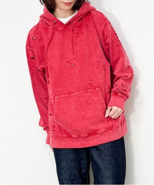 パーカー 裏毛 硫化染めダメージ加工プルパーカー メンズ レディース