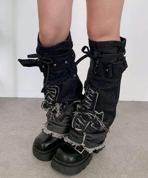 lilful レッグウォーマー Y2K バックル付き デニムレッグウォーマー