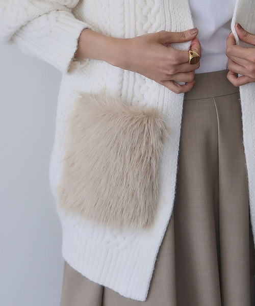 ELFRANK カーディガン ファーポケット ケーブルニットカーディガン