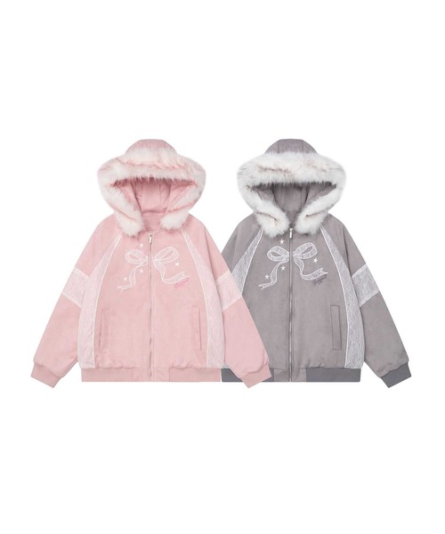 コート アウター 「HOOK」for girls レースリボン刺繍ファー付き