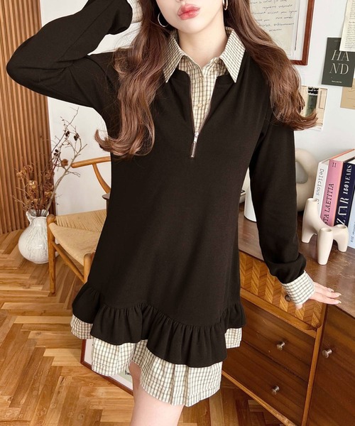 moment+ ワンピース シャツドッキングフリルミニワンピース : ZOZOTOWN