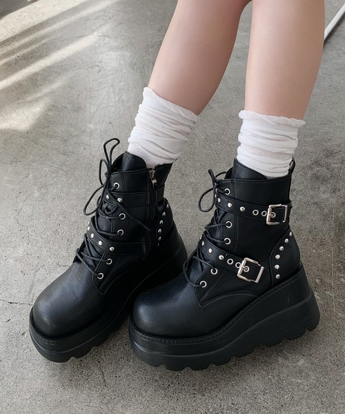 lilful ブーツ スタイル盛れ ダブルベルト スタッズアクセント レース