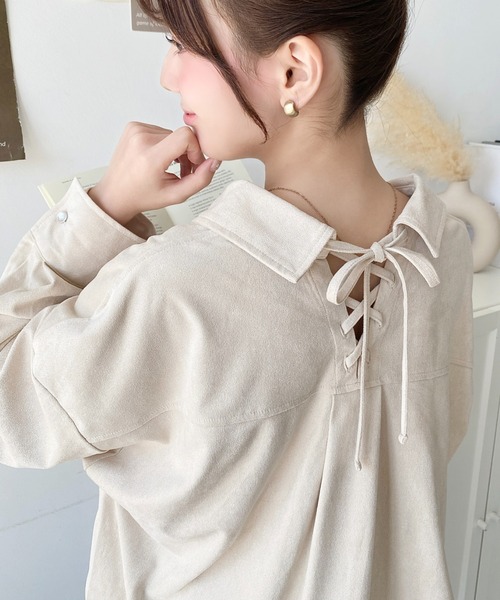 moment+ ブラウス シャツ 後ろ編み上げ長袖スエードシャツ レディース