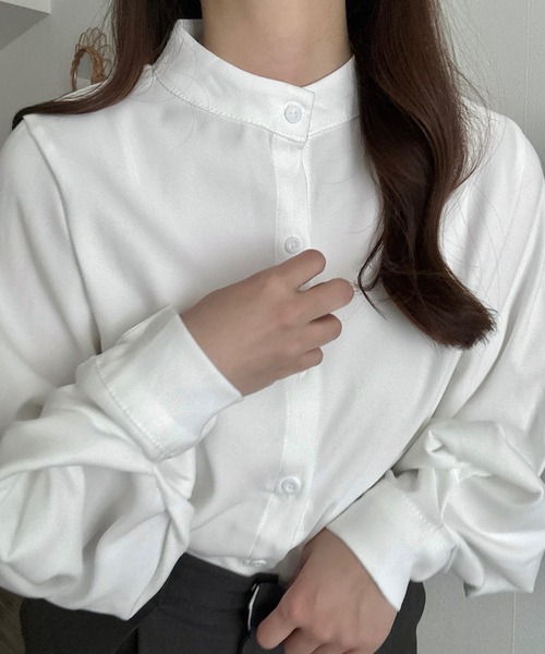 Cham. ブラウス シャツ バンドカラーバルーンスリーブシンプルシャツ