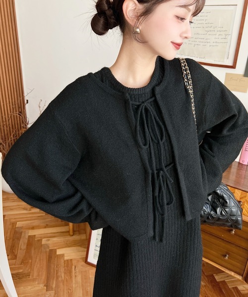 moment+ ワンピース 「セットアップニット」前後2WAYリボンミックス