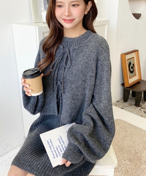 moment+ ワンピース 「セットアップニット」前後2WAYリボンミックス