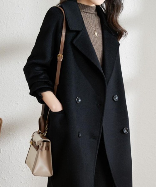 コート アウター ヘリンボーン柄 ダブルブレストコート レディース