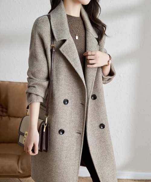 コート アウター ヘリンボーン柄 ダブルブレストコート レディース