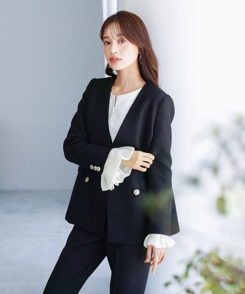 ジャケット ノーカラージャケット 「洗える＆防シワ」金ボタンダブル