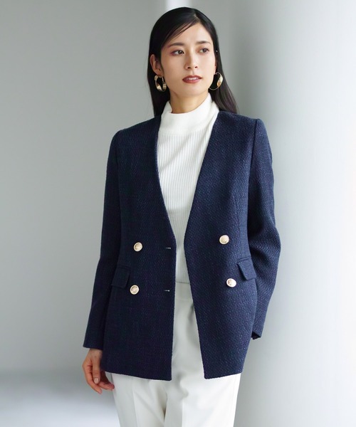 ジャケット ノーカラージャケット 「洗える＆防シワ」金ボタンダブル