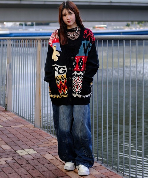 カーディガン 「HOOK」パッチワーク柄ニットカーディガン メンズ