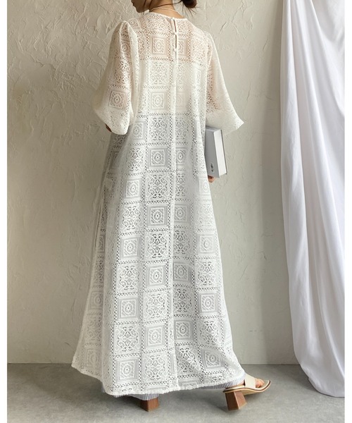 She's Closet ワンピース クロシェ編み風ブロックレースボリューム