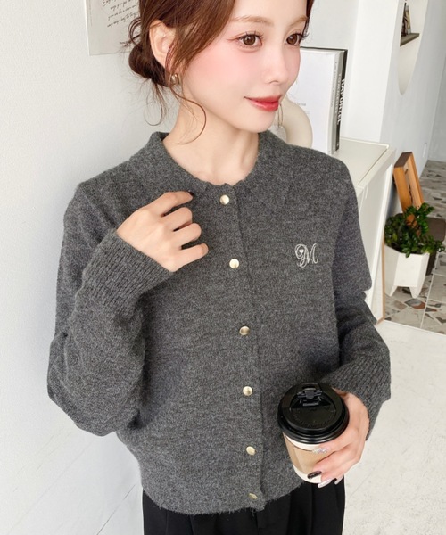 moment+ カーディガン 刺繍入り金ボタン衿付きカーディガン レディース