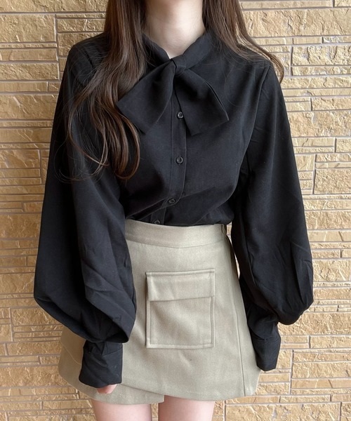 ブラウス シャツ クロスタイバルーンスリーブシャツ レディース