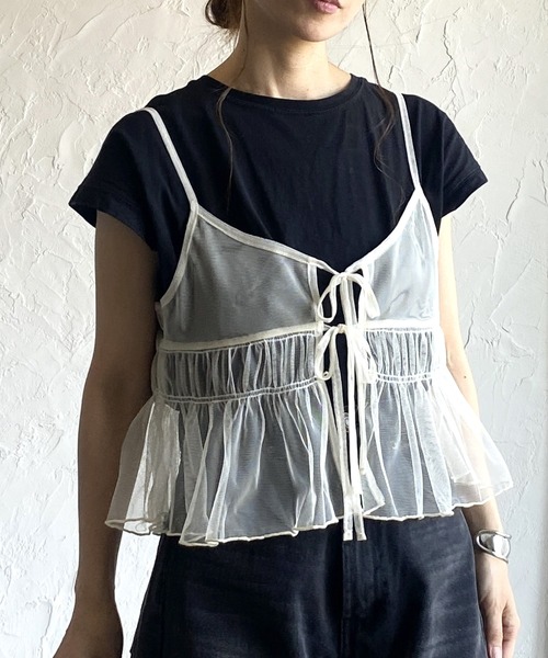 She's Closet キャミソール 2WAYショート丈フロントリボンシースルー