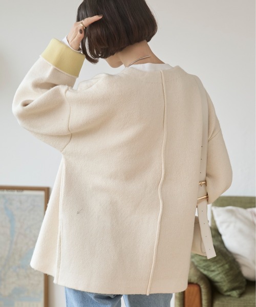 ANGIE カーディガン ノーカラー 配色 ニットコート レディース