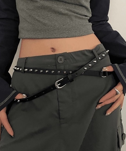 lilful ベルト Y2K ロックスタッズ 2連ロング細ベルト レディース