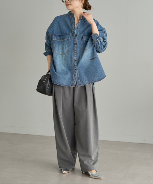 pual ce cin ブラウス シャツ ヴィンテージライクデニムバンドカラー