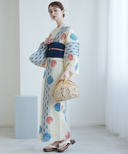 utatane 浴衣 浴衣3点セット 綿麻 紺色の麻の葉と鞠 レディース