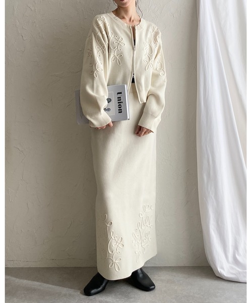 She's Closet セットアップ コード刺繍ライン柄長袖ジップニット