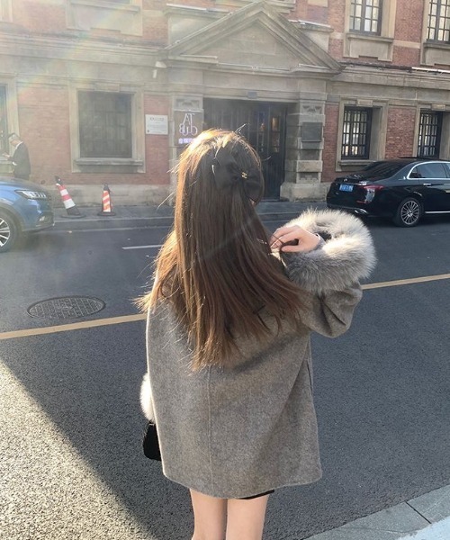 ViViDAY ピーコート pコート 襟リボン ふわふわエコファー付き袖口