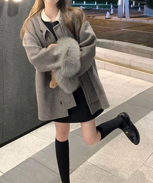 ViViDAY ピーコート pコート 襟リボン ふわふわエコファー付き袖口