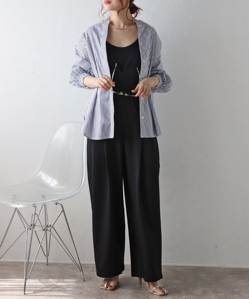 ＆HALF ブラウス シャツ ストライプ袖シャーリングブラウス レディース