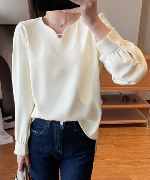 MILAE ブラウス シャツ キーネックプルオーバーシャツブラウス